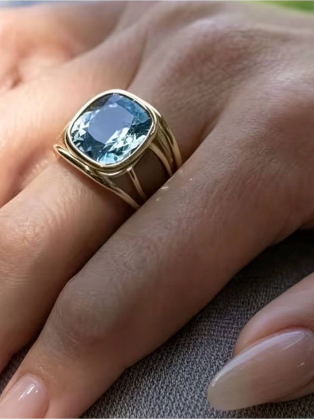 Gold Ring with Light Blue Cushion Gemstone cocktail ring gorgeous